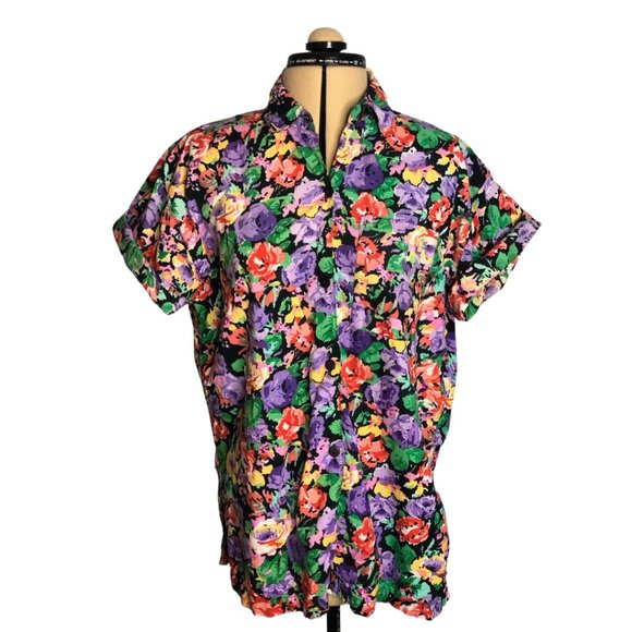 Vintage Tops - Vintage 1990's or Late 1980's Floral Short Sleeve Button Down Shirt Blouse Sz S